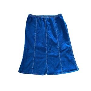 Vintage Y2K A-Line Midi Denim Skirt Size M Blue Elastic Waist Prairie Western